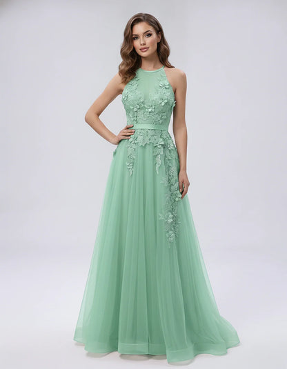 Tulle Sleeveless Halter Neck A-Line Maxi Dress with Floral Lace Appliqué for Party, Cocktail, Evening, Wedding Guest & Summer | SKU: AMD-583920174618352-MINT-L,AMD-583920174618352-MINT-M,AMD-583920174618352-MINT-S,AMD-583920174618352-MINT-XL,AMD-583920174618352-MINT-XS