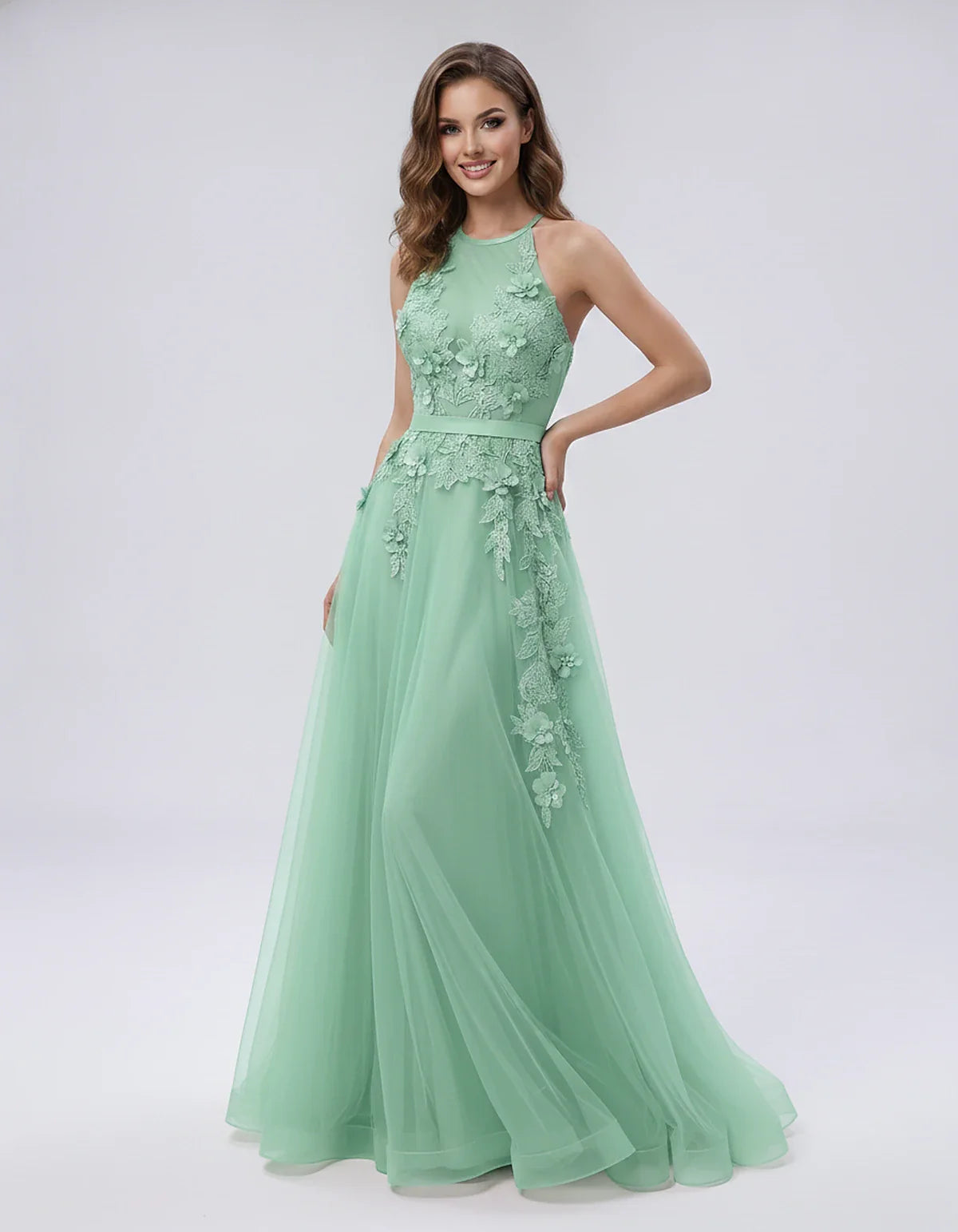 Tulle Sleeveless Halter Neck A-Line Maxi Dress with Floral Lace Appliqué for Party, Cocktail, Evening, Wedding Guest & Summer | SKU: AMD-583920174618352-MINT-L,AMD-583920174618352-MINT-M,AMD-583920174618352-MINT-S,AMD-583920174618352-MINT-XL,AMD-583920174618352-MINT-XS