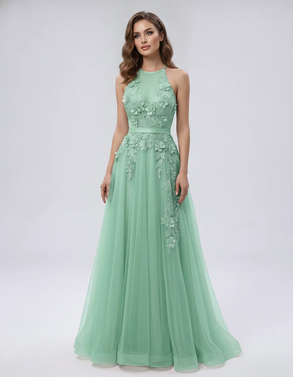 Tulle Sleeveless Halter Neck A-Line Maxi Dress with Floral Lace Appliqué for Party, Cocktail, Evening, Wedding Guest & Summer | SKU: AMD-583920174618352-MINT-L,AMD-583920174618352-MINT-M,AMD-583920174618352-MINT-S,AMD-583920174618352-MINT-XL,AMD-583920174618352-MINT-XS