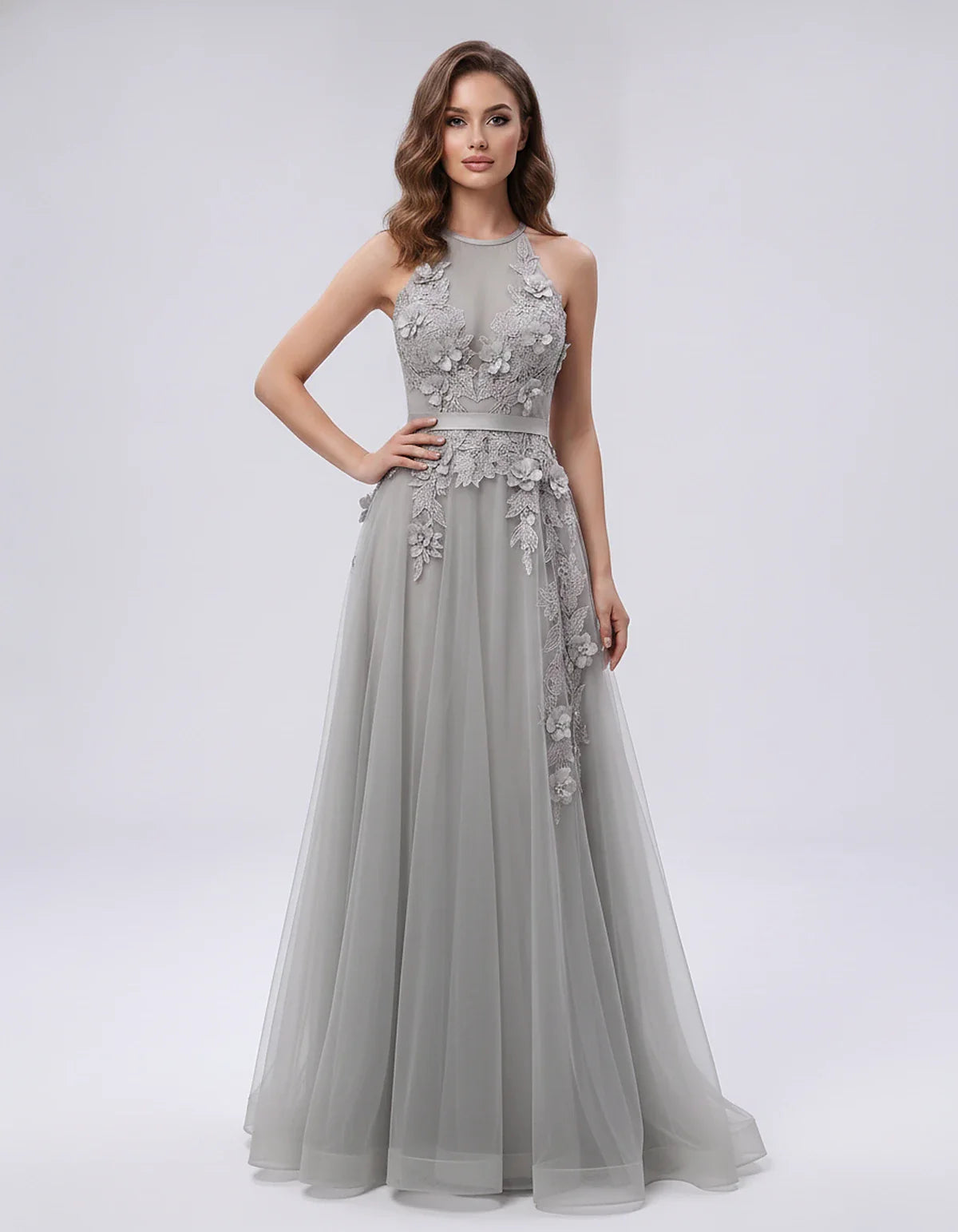 Tulle Sleeveless Halter Neck A-Line Maxi Dress with Floral Lace Appliqué for Party, Cocktail, Evening, Wedding Guest & Summer | SKU: AMD-583920174618352-SILVER-L,AMD-583920174618352-SILVER-M,AMD-583920174618352-SILVER-S,AMD-583920174618352-SILVER-XL,AMD-583920174618352-SILVER-XS