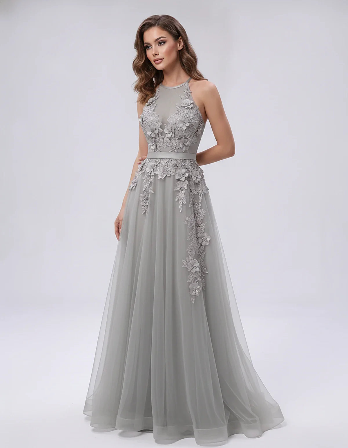 Tulle Sleeveless Halter Neck A-Line Maxi Dress with Floral Lace Appliqué for Party, Cocktail, Evening, Wedding Guest & Summer | SKU: AMD-583920174618352-SILVER-L,AMD-583920174618352-SILVER-M,AMD-583920174618352-SILVER-S,AMD-583920174618352-SILVER-XL,AMD-583920174618352-SILVER-XS