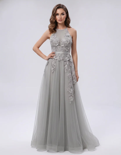 Tulle Sleeveless Halter Neck A-Line Maxi Dress with Floral Lace Appliqué for Party, Cocktail, Evening, Wedding Guest & Summer | SKU: AMD-583920174618352-SILVER-L,AMD-583920174618352-SILVER-M,AMD-583920174618352-SILVER-S,AMD-583920174618352-SILVER-XL,AMD-583920174618352-SILVER-XS