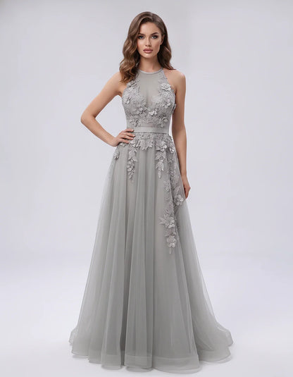 Tulle Sleeveless Halter Neck A-Line Maxi Dress with Floral Lace Appliqué for Party, Cocktail, Evening, Wedding Guest & Summer | SKU: AMD-583920174618352-SILVER-L,AMD-583920174618352-SILVER-M,AMD-583920174618352-SILVER-S,AMD-583920174618352-SILVER-XL,AMD-583920174618352-SILVER-XS