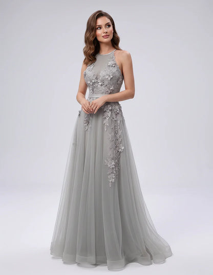 Tulle Sleeveless Halter Neck A-Line Maxi Dress with Floral Lace Appliqué for Party, Cocktail, Evening, Wedding Guest & Summer | SKU: AMD-583920174618352-SILVER-L,AMD-583920174618352-SILVER-M,AMD-583920174618352-SILVER-S,AMD-583920174618352-SILVER-XL,AMD-583920174618352-SILVER-XS