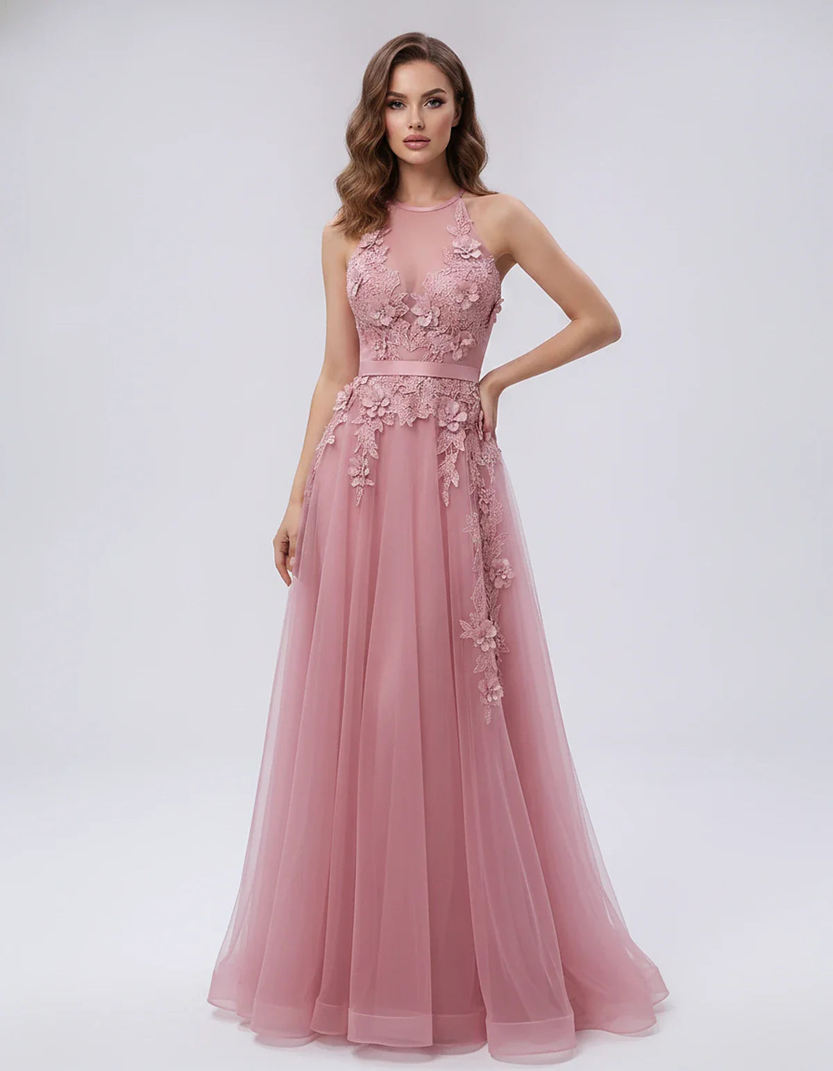 Tulle Sleeveless Halter Neck A-Line Maxi Dress with Floral Lace Appliqué for Party, Cocktail, Evening, Wedding Guest & Summer | SKU: AMD-583920174618352-DUSTYPINK-L,AMD-583920174618352-DUSTYPINK-M,AMD-583920174618352-DUSTYPINK-S,AMD-583920174618352-DUSTYPINK-XL,AMD-583920174618352-DUSTYPINK-XS