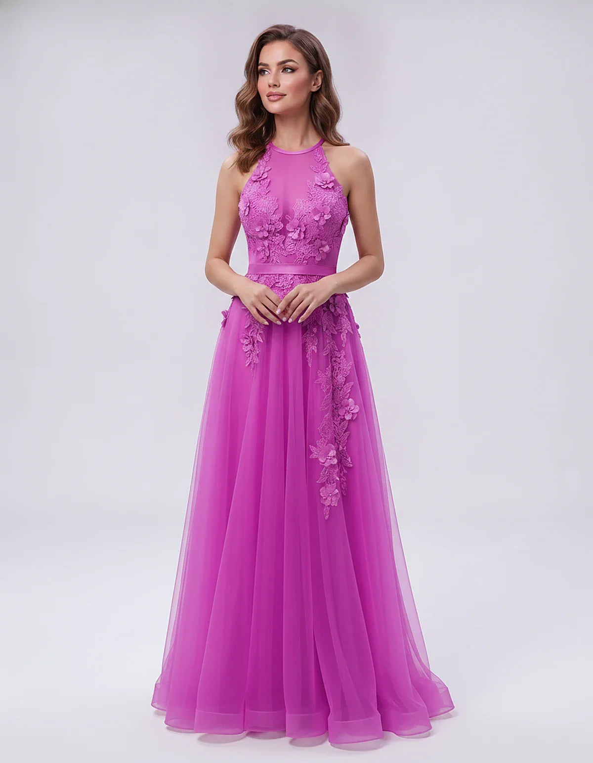 Tulle Sleeveless Halter Neck A-Line Maxi Dress with Floral Lace Appliqué for Party, Cocktail, Evening, Wedding Guest & Summer | SKU: AMD-583920174618352-HOTPINK-L,AMD-583920174618352-HOTPINK-M,AMD-583920174618352-HOTPINK-S,AMD-583920174618352-HOTPINK-XL,AMD-583920174618352-HOTPINK-XS