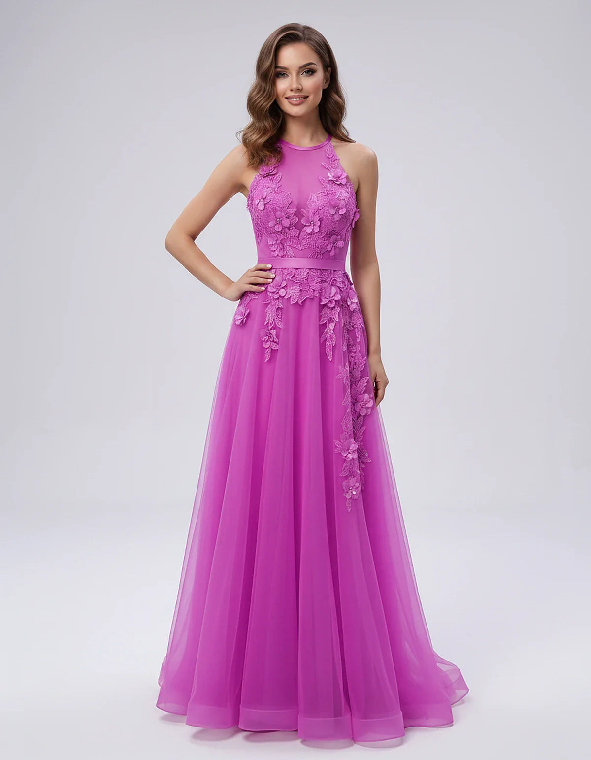 Tulle Sleeveless Halter Neck A-Line Maxi Dress with Floral Lace Appliqué for Party, Cocktail, Evening, Wedding Guest & Summer | SKU: AMD-583920174618352-HOTPINK-L,AMD-583920174618352-HOTPINK-M,AMD-583920174618352-HOTPINK-S,AMD-583920174618352-HOTPINK-XL,AMD-583920174618352-HOTPINK-XS