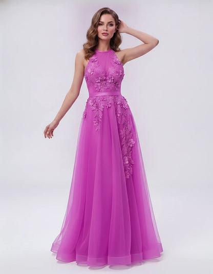 Tulle Sleeveless Halter Neck A-Line Maxi Dress with Floral Lace Appliqué for Party, Cocktail, Evening, Wedding Guest & Summer | SKU: AMD-583920174618352-HOTPINK-L,AMD-583920174618352-HOTPINK-M,AMD-583920174618352-HOTPINK-S,AMD-583920174618352-HOTPINK-XL,AMD-583920174618352-HOTPINK-XS