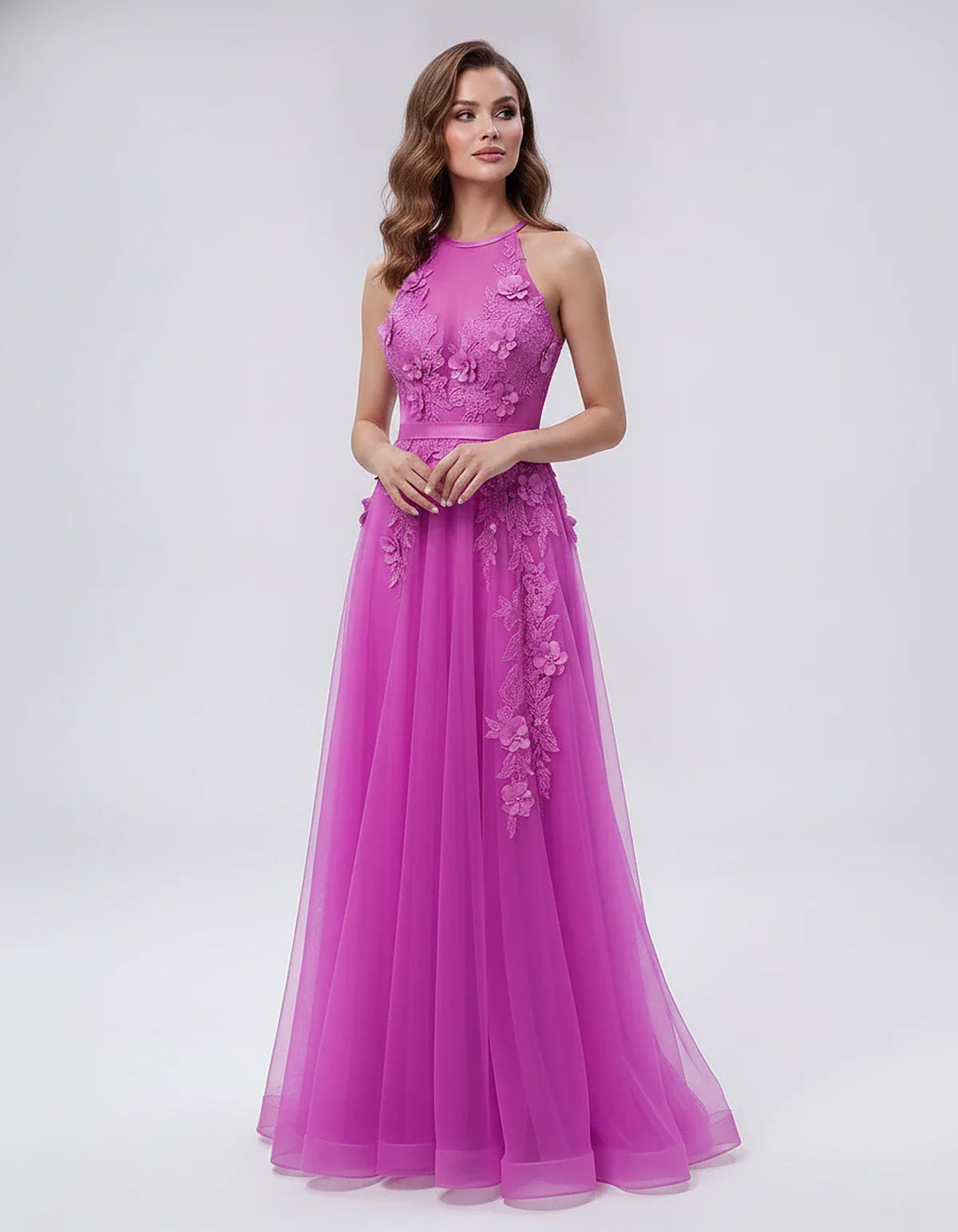 Tulle Sleeveless Halter Neck A-Line Maxi Dress with Floral Lace Appliqué for Party, Cocktail, Evening, Wedding Guest & Summer | SKU: AMD-583920174618352-HOTPINK-L,AMD-583920174618352-HOTPINK-M,AMD-583920174618352-HOTPINK-S,AMD-583920174618352-HOTPINK-XL,AMD-583920174618352-HOTPINK-XS