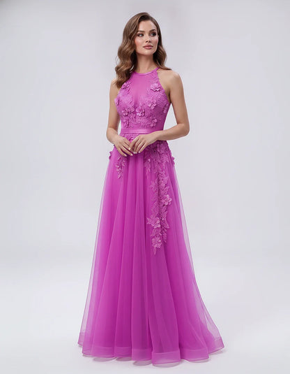 Tulle Sleeveless Halter Neck A-Line Maxi Dress with Floral Lace Appliqué for Party, Cocktail, Evening, Wedding Guest & Summer | SKU: AMD-583920174618352-HOTPINK-L,AMD-583920174618352-HOTPINK-M,AMD-583920174618352-HOTPINK-S,AMD-583920174618352-HOTPINK-XL,AMD-583920174618352-HOTPINK-XS