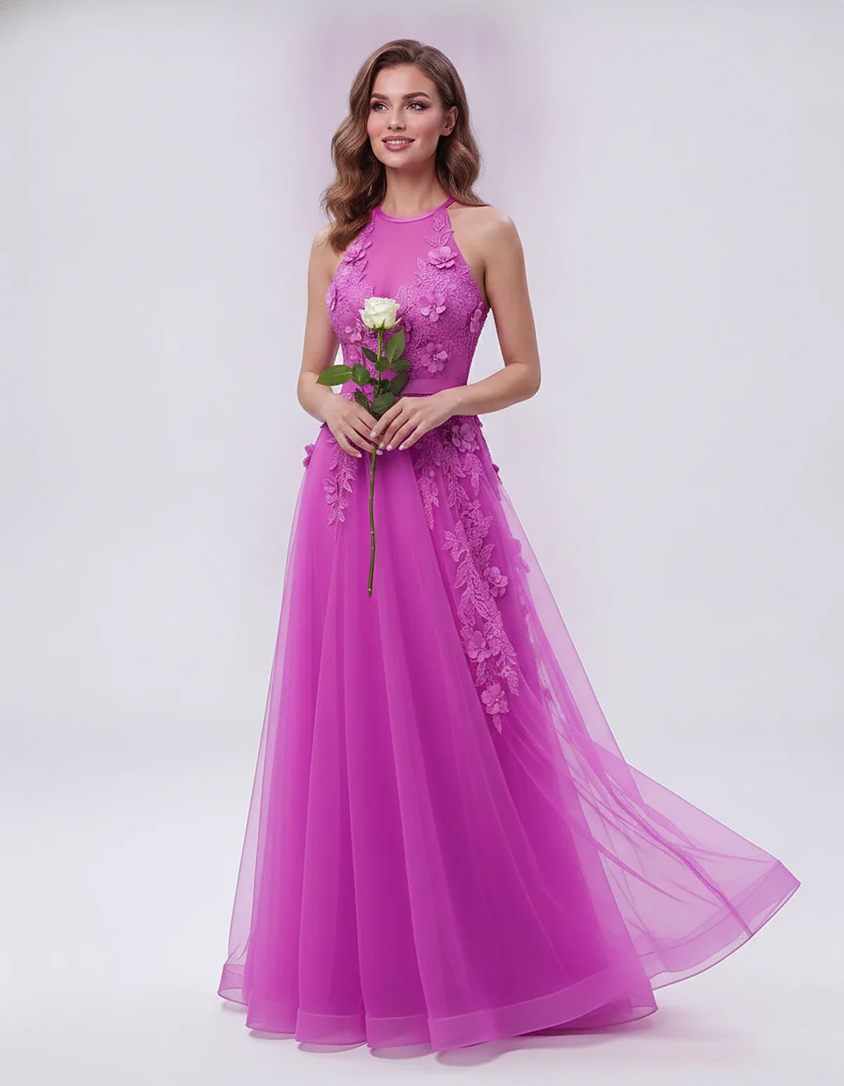 Tulle Sleeveless Halter Neck A-Line Maxi Dress with Floral Lace Appliqué for Party, Cocktail, Evening, Wedding Guest & Summer | SKU: AMD-583920174618352-HOTPINK-L,AMD-583920174618352-HOTPINK-M,AMD-583920174618352-HOTPINK-S,AMD-583920174618352-HOTPINK-XL,AMD-583920174618352-HOTPINK-XS