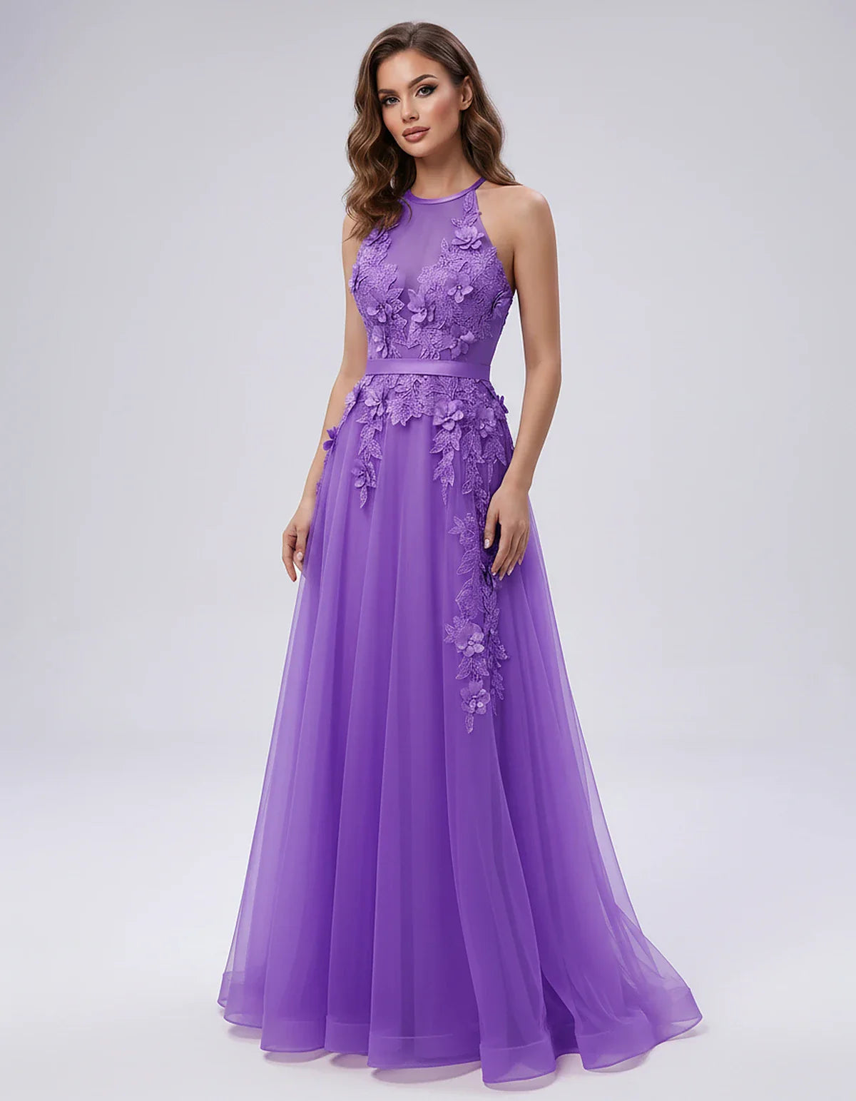Tulle Sleeveless Halter Neck A-Line Maxi Dress with Floral Lace Appliqué for Party, Cocktail, Evening, Wedding Guest & Summer | SKU: AMD-583920174618352-HOTPINK-L,AMD-583920174618352-HOTPINK-M,AMD-583920174618352-HOTPINK-S,AMD-583920174618352-HOTPINK-XL,AMD-583920174618352-HOTPINK-XS
