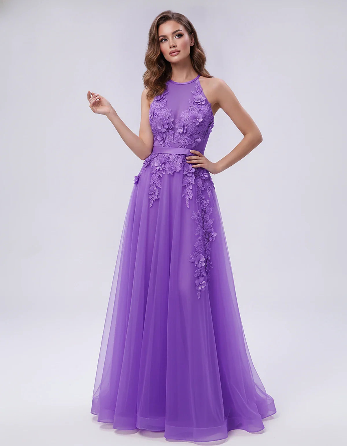 Tulle Sleeveless Halter Neck A-Line Maxi Dress with Floral Lace Appliqué for Party, Cocktail, Evening, Wedding Guest & Summer | SKU: AMD-583920174618352-PURPLE-L,AMD-583920174618352-PURPLE-M,AMD-583920174618352-PURPLE-S,AMD-583920174618352-PURPLE-XL,AMD-583920174618352-PURPLE-XS