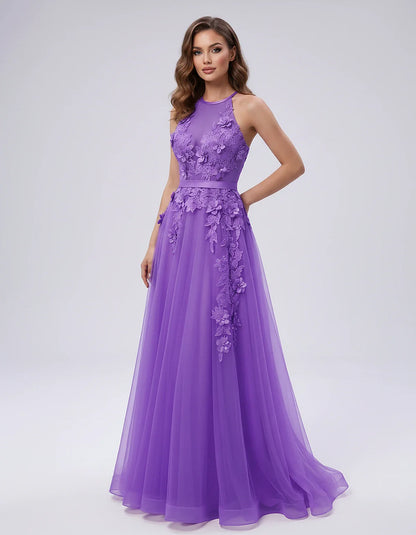 Tulle Sleeveless Halter Neck A-Line Maxi Dress with Floral Lace Appliqué for Party, Cocktail, Evening, Wedding Guest & Summer | SKU: AMD-583920174618352-PURPLE-L,AMD-583920174618352-PURPLE-M,AMD-583920174618352-PURPLE-S,AMD-583920174618352-PURPLE-XL,AMD-583920174618352-PURPLE-XS