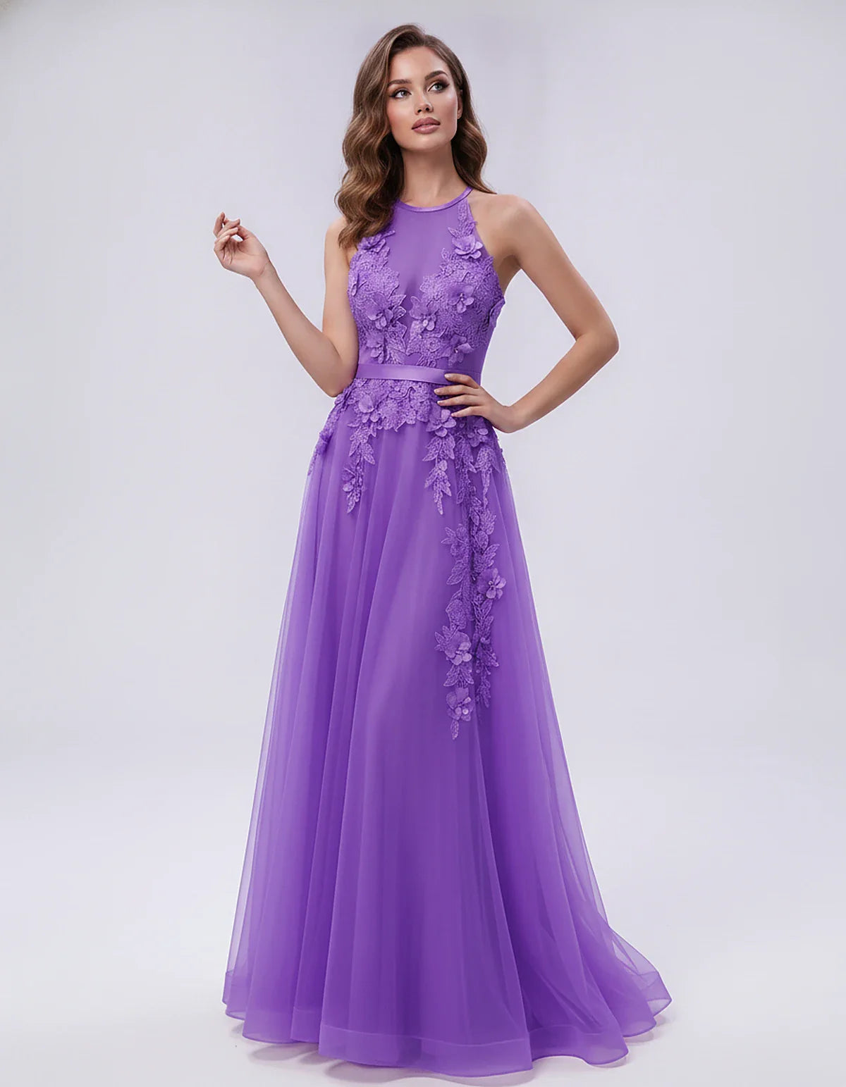 Tulle Sleeveless Halter Neck A-Line Maxi Dress with Floral Lace Appliqué for Party, Cocktail, Evening, Wedding Guest & Summer | SKU: AMD-583920174618352-PURPLE-L,AMD-583920174618352-PURPLE-M,AMD-583920174618352-PURPLE-S,AMD-583920174618352-PURPLE-XL,AMD-583920174618352-PURPLE-XS