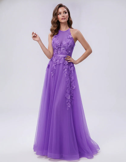 Tulle Sleeveless Halter Neck A-Line Maxi Dress with Floral Lace Appliqué for Party, Cocktail, Evening, Wedding Guest & Summer | SKU: AMD-583920174618352-PURPLE-L,AMD-583920174618352-PURPLE-M,AMD-583920174618352-PURPLE-S,AMD-583920174618352-PURPLE-XL,AMD-583920174618352-PURPLE-XS
