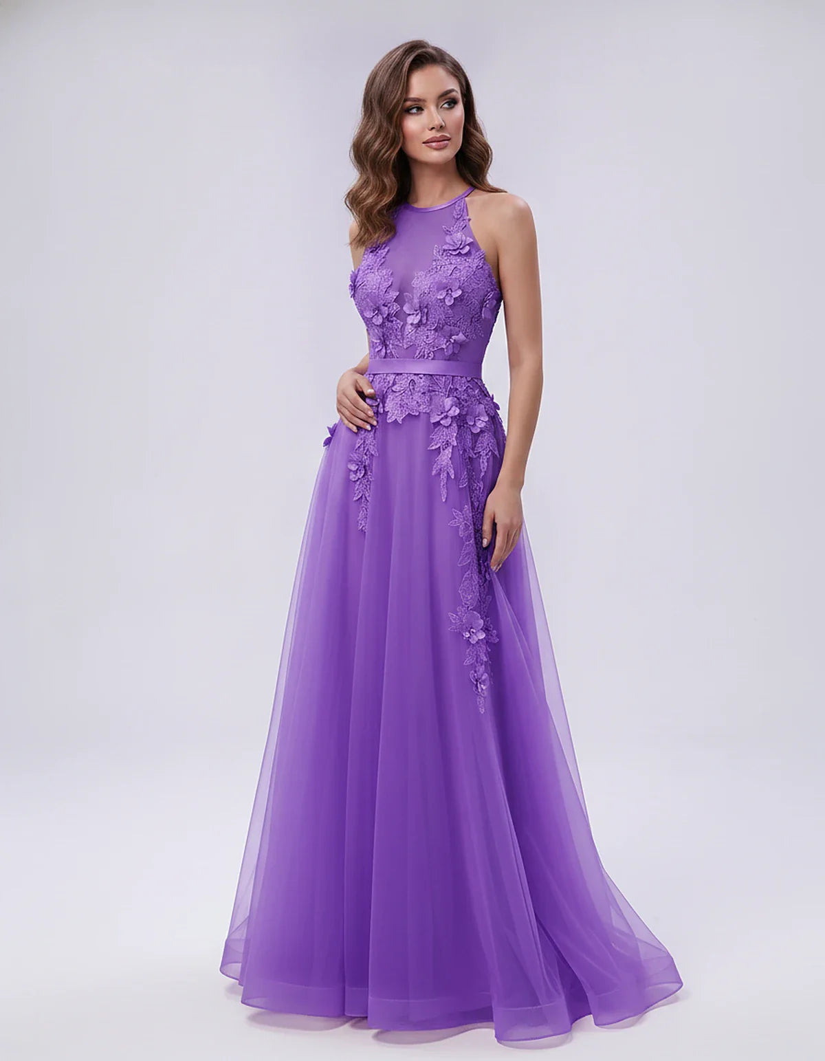 Tulle Sleeveless Halter Neck A-Line Maxi Dress with Floral Lace Appliqué for Party, Cocktail, Evening, Wedding Guest & Summer | SKU: AMD-583920174618352-PURPLE-L,AMD-583920174618352-PURPLE-M,AMD-583920174618352-PURPLE-S,AMD-583920174618352-PURPLE-XL,AMD-583920174618352-PURPLE-XS