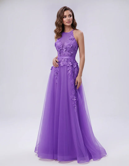 Tulle Sleeveless Halter Neck A-Line Maxi Dress with Floral Lace Appliqué for Party, Cocktail, Evening, Wedding Guest & Summer | SKU: AMD-583920174618352-PURPLE-L,AMD-583920174618352-PURPLE-M,AMD-583920174618352-PURPLE-S,AMD-583920174618352-PURPLE-XL,AMD-583920174618352-PURPLE-XS