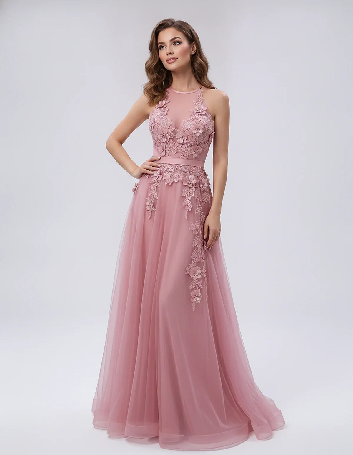 Tulle Sleeveless Halter Neck A-Line Maxi Dress with Floral Lace Appliqué for Party, Cocktail, Evening, Wedding Guest & Summer | SKU: AMD-583920174618352-DUSTYPINK-L,AMD-583920174618352-DUSTYPINK-M,AMD-583920174618352-DUSTYPINK-S,AMD-583920174618352-DUSTYPINK-XL,AMD-583920174618352-DUSTYPINK-XS