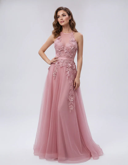 Tulle Sleeveless Halter Neck A-Line Maxi Dress with Floral Lace Appliqué for Party, Cocktail, Evening, Wedding Guest & Summer | SKU: AMD-583920174618352-DUSTYPINK-L,AMD-583920174618352-DUSTYPINK-M,AMD-583920174618352-DUSTYPINK-S,AMD-583920174618352-DUSTYPINK-XL,AMD-583920174618352-DUSTYPINK-XS