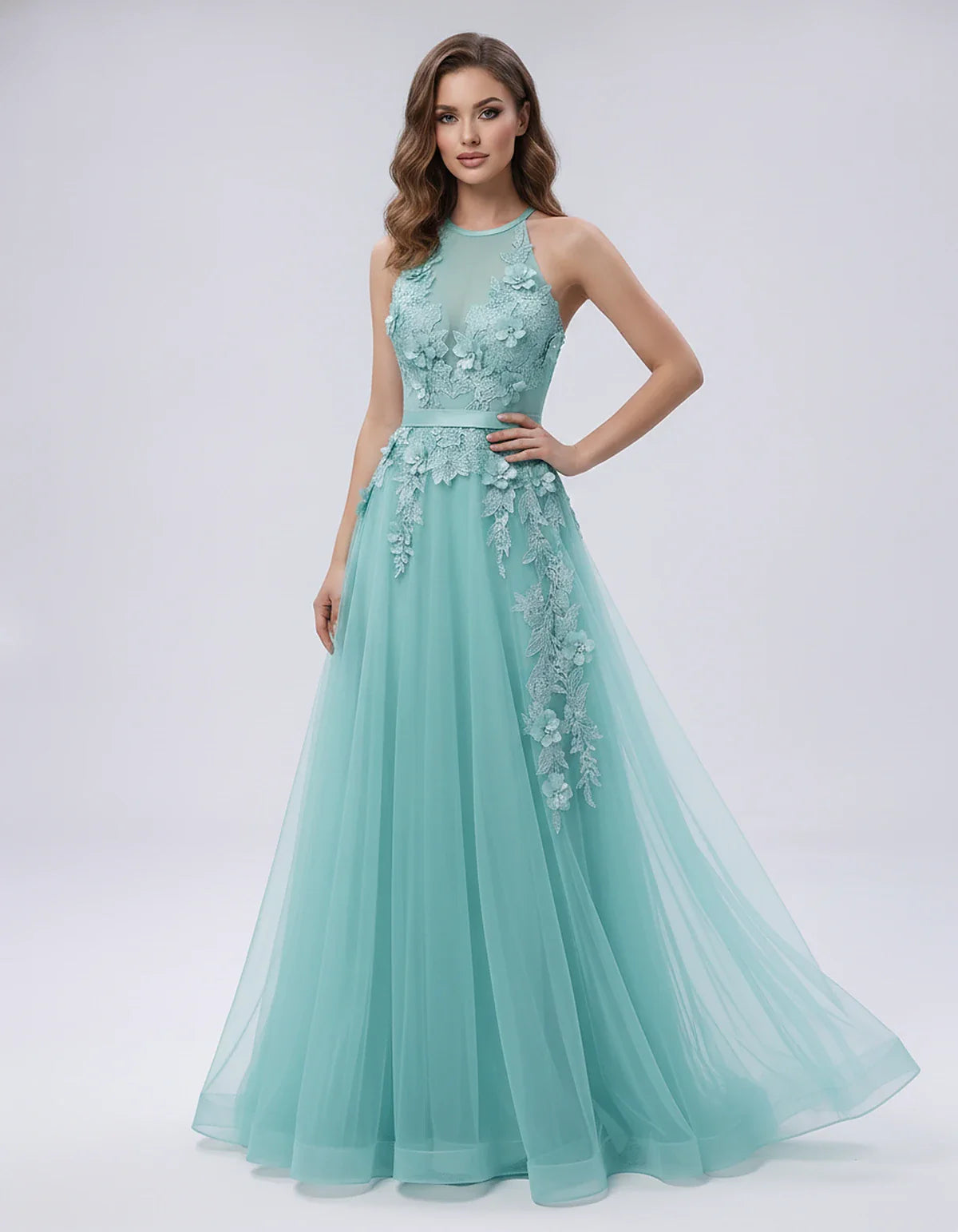 Tulle Sleeveless Halter Neck A-Line Maxi Dress with Floral Lace Appliqué for Party, Cocktail, Evening, Wedding Guest & Summer | SKU: AMD-583920174618352-TURQUOISE-L,AMD-583920174618352-TURQUOISE-M,AMD-583920174618352-TURQUOISE-S,AMD-583920174618352-TURQUOISE-XL,AMD-583920174618352-TURQUOISE-XS