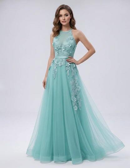 Tulle Sleeveless Halter Neck A-Line Maxi Dress with Floral Lace Appliqué for Party, Cocktail, Evening, Wedding Guest & Summer | SKU: AMD-583920174618352-TURQUOISE-L,AMD-583920174618352-TURQUOISE-M,AMD-583920174618352-TURQUOISE-S,AMD-583920174618352-TURQUOISE-XL,AMD-583920174618352-TURQUOISE-XS