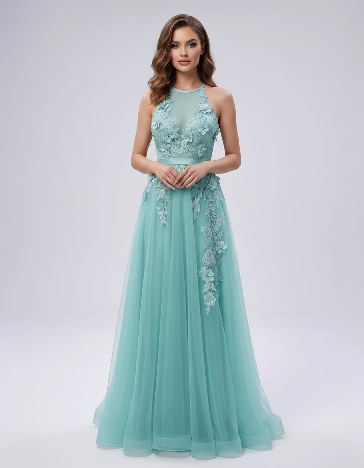 Tulle Sleeveless Halter Neck A-Line Maxi Dress with Floral Lace Appliqué for Party, Cocktail, Evening, Wedding Guest & Summer | SKU: AMD-583920174618352-TURQUOISE-L,AMD-583920174618352-TURQUOISE-M,AMD-583920174618352-TURQUOISE-S,AMD-583920174618352-TURQUOISE-XL,AMD-583920174618352-TURQUOISE-XS