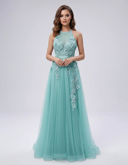 Tulle Sleeveless Halter Neck A-Line Maxi Dress with Floral Lace Appliqué for Party, Cocktail, Evening, Wedding Guest & Summer | SKU: AMD-583920174618352-TURQUOISE-L,AMD-583920174618352-TURQUOISE-M,AMD-583920174618352-TURQUOISE-S,AMD-583920174618352-TURQUOISE-XL,AMD-583920174618352-TURQUOISE-XS