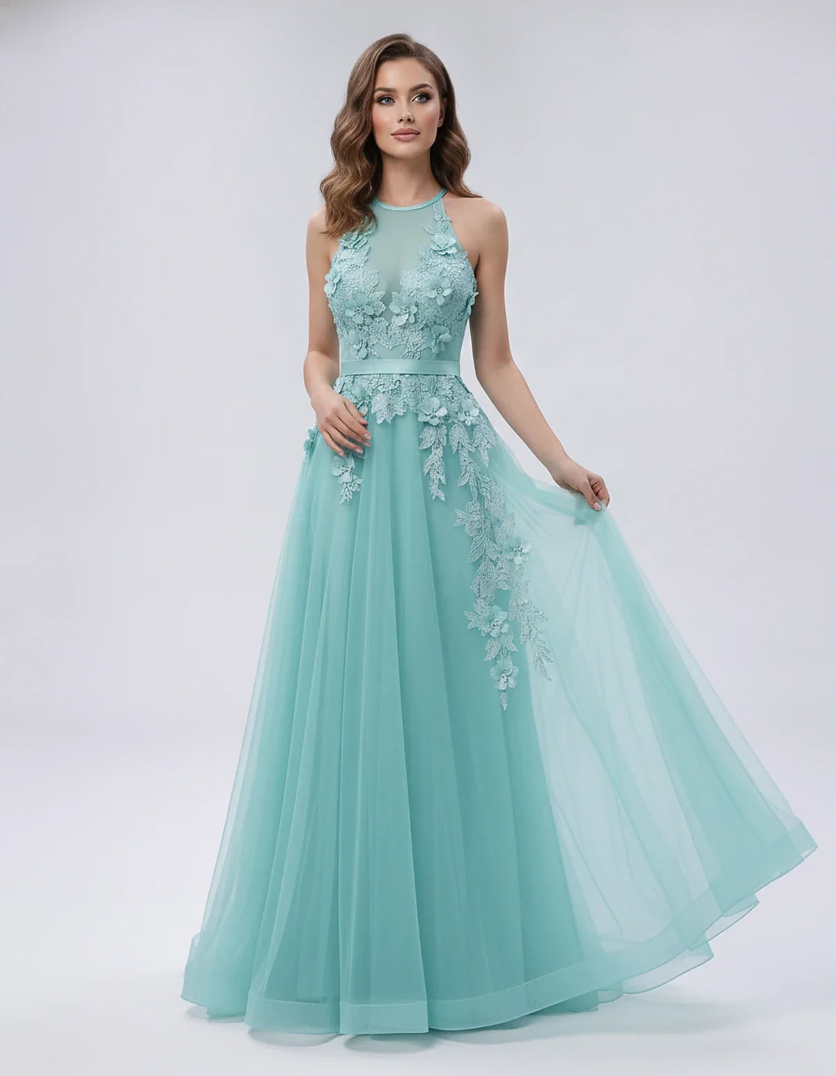 Tulle Sleeveless Halter Neck A-Line Maxi Dress with Floral Lace Appliqué for Party, Cocktail, Evening, Wedding Guest & Summer | SKU: AMD-583920174618352-TURQUOISE-L,AMD-583920174618352-TURQUOISE-M,AMD-583920174618352-TURQUOISE-S,AMD-583920174618352-TURQUOISE-XL,AMD-583920174618352-TURQUOISE-XS