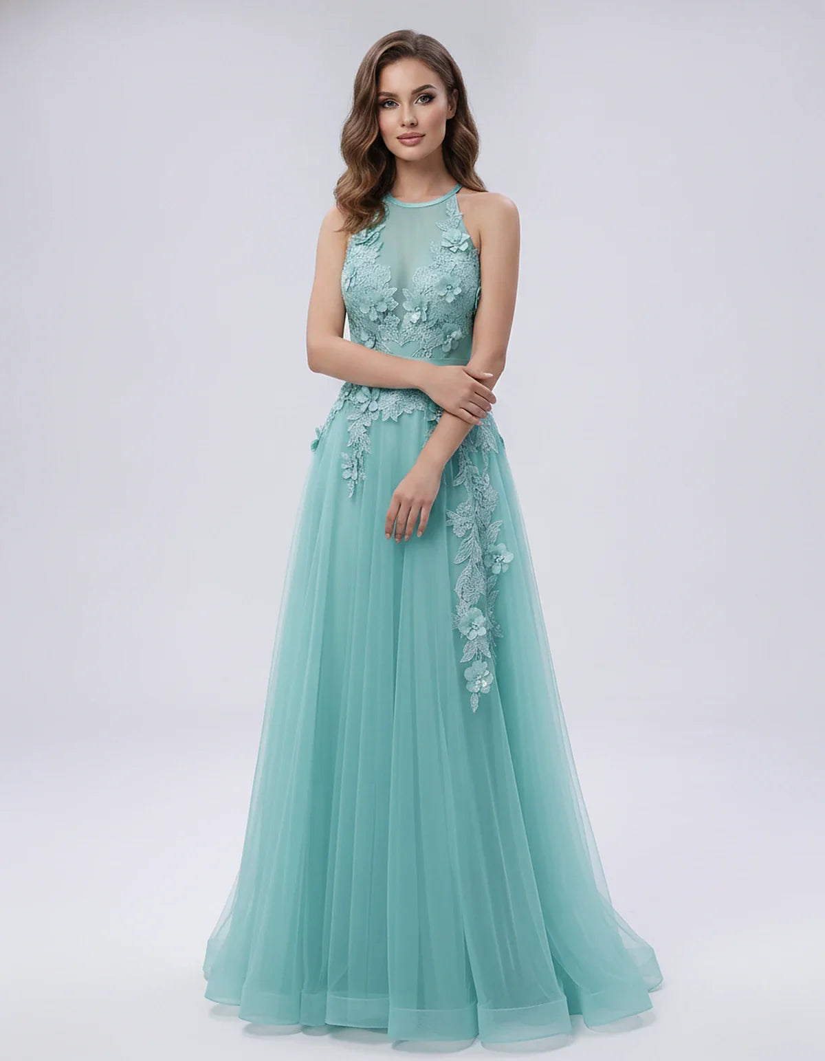 Tulle Sleeveless Halter Neck A-Line Maxi Dress with Floral Lace Appliqué for Party, Cocktail, Evening, Wedding Guest & Summer | SKU: AMD-583920174618352-TURQUOISE-L,AMD-583920174618352-TURQUOISE-M,AMD-583920174618352-TURQUOISE-S,AMD-583920174618352-TURQUOISE-XL,AMD-583920174618352-TURQUOISE-XS