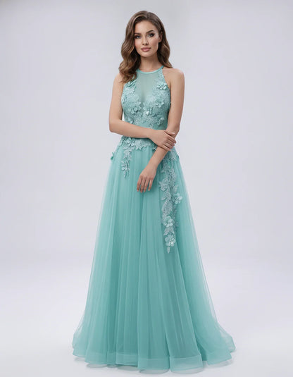 Tulle Sleeveless Halter Neck A-Line Maxi Dress with Floral Lace Appliqué for Party, Cocktail, Evening, Wedding Guest & Summer | SKU: AMD-583920174618352-TURQUOISE-L,AMD-583920174618352-TURQUOISE-M,AMD-583920174618352-TURQUOISE-S,AMD-583920174618352-TURQUOISE-XL,AMD-583920174618352-TURQUOISE-XS