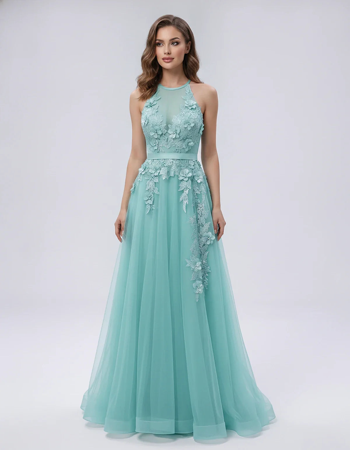 Tulle Sleeveless Halter Neck A-Line Maxi Dress with Floral Lace Appliqué for Party, Cocktail, Evening, Wedding Guest & Summer | SKU: AMD-583920174618352-TURQUOISE-L,AMD-583920174618352-TURQUOISE-M,AMD-583920174618352-TURQUOISE-S,AMD-583920174618352-TURQUOISE-XL,AMD-583920174618352-TURQUOISE-XS