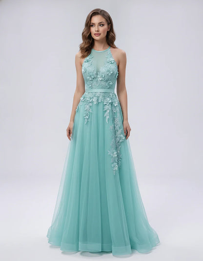 Tulle Sleeveless Halter Neck A-Line Maxi Dress with Floral Lace Appliqué for Party, Cocktail, Evening, Wedding Guest & Summer | SKU: AMD-583920174618352-TURQUOISE-L,AMD-583920174618352-TURQUOISE-M,AMD-583920174618352-TURQUOISE-S,AMD-583920174618352-TURQUOISE-XL,AMD-583920174618352-TURQUOISE-XS