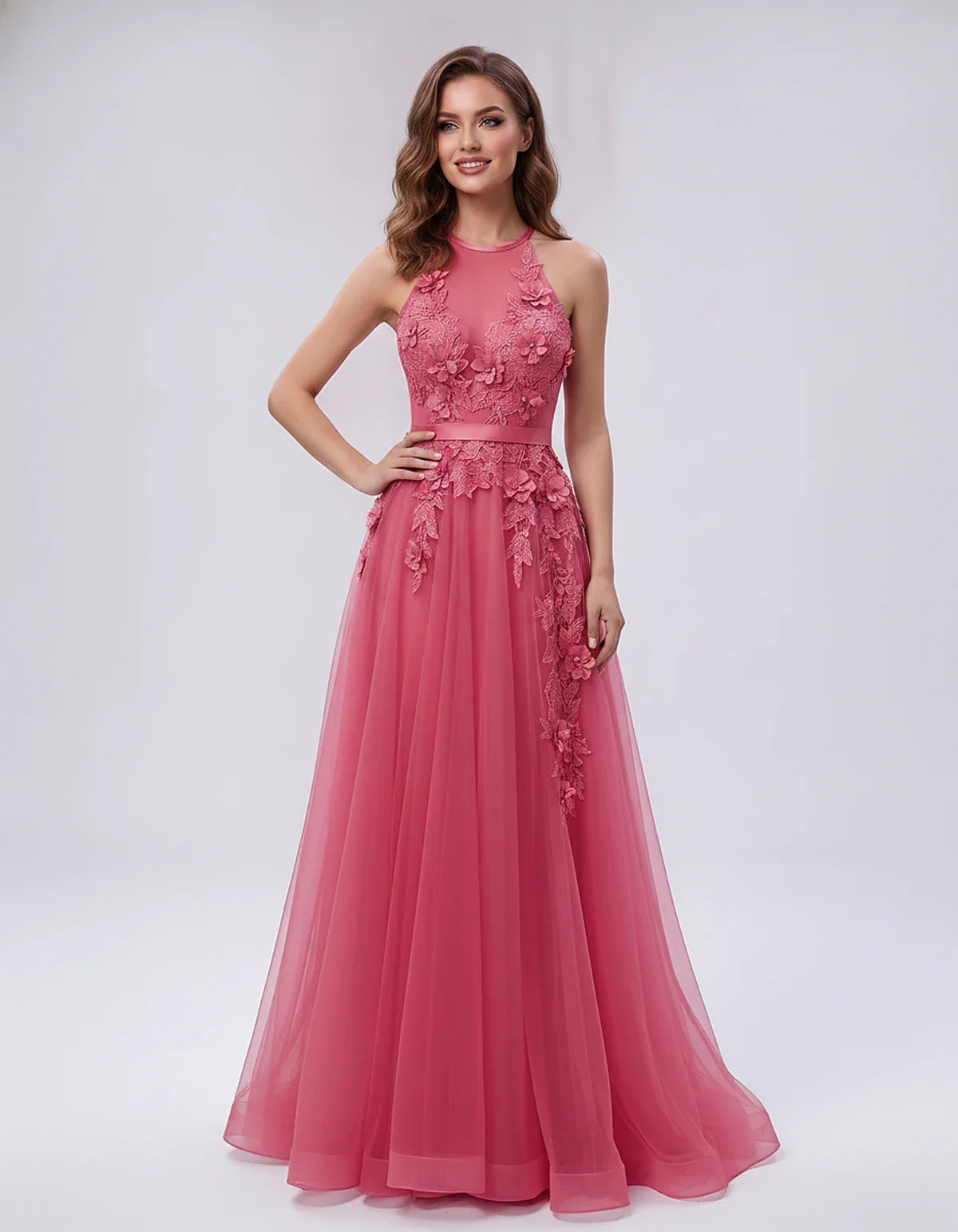 Tulle Sleeveless Halter Neck A-Line Maxi Dress with Floral Lace Appliqué for Party, Cocktail, Evening, Wedding Guest & Summer | SKU: AMD-583920174618352-RED-L,AMD-583920174618352-RED-M,AMD-583920174618352-RED-S,AMD-583920174618352-RED-XL,AMD-583920174618352-RED-XS