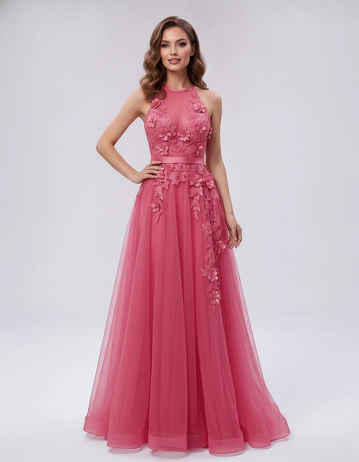 Tulle Sleeveless Halter Neck A-Line Maxi Dress with Floral Lace Appliqué for Party, Cocktail, Evening, Wedding Guest & Summer | SKU: AMD-583920174618352-RED-L,AMD-583920174618352-RED-M,AMD-583920174618352-RED-S,AMD-583920174618352-RED-XL,AMD-583920174618352-RED-XS