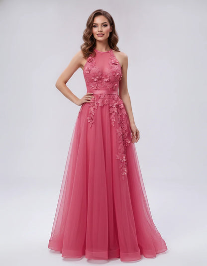 Tulle Sleeveless Halter Neck A-Line Maxi Dress with Floral Lace Appliqué for Party, Cocktail, Evening, Wedding Guest & Summer | SKU: AMD-583920174618352-RED-L,AMD-583920174618352-RED-M,AMD-583920174618352-RED-S,AMD-583920174618352-RED-XL,AMD-583920174618352-RED-XS