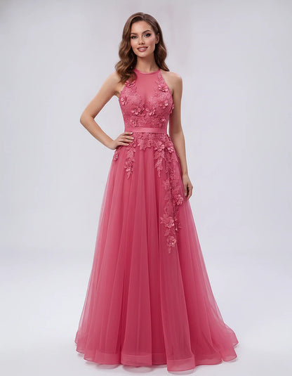 Tulle Sleeveless Halter Neck A-Line Maxi Dress with Floral Lace Appliqué for Party, Cocktail, Evening, Wedding Guest & Summer | SKU: AMD-583920174618352-RED-L,AMD-583920174618352-RED-M,AMD-583920174618352-RED-S,AMD-583920174618352-RED-XL,AMD-583920174618352-RED-XS