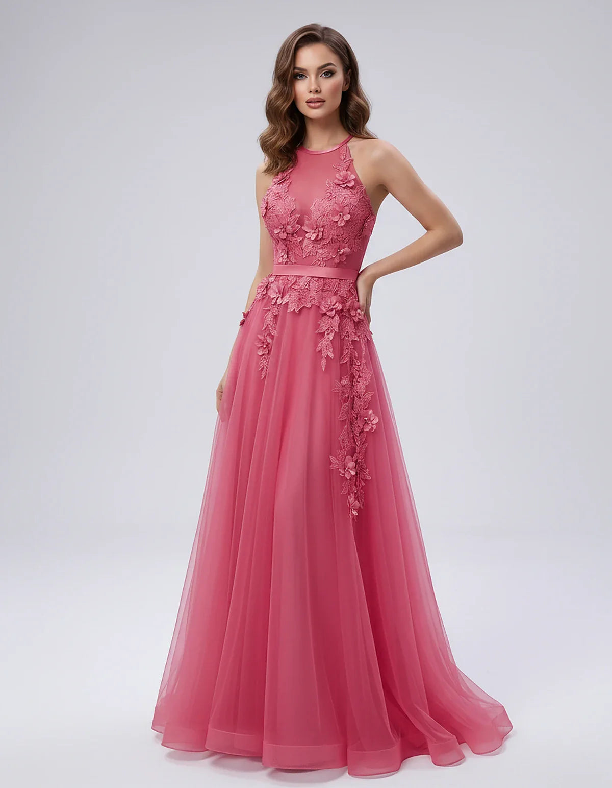 Tulle Sleeveless Halter Neck A-Line Maxi Dress with Floral Lace Appliqué for Party, Cocktail, Evening, Wedding Guest & Summer | SKU: AMD-583920174618352-RED-L,AMD-583920174618352-RED-M,AMD-583920174618352-RED-S,AMD-583920174618352-RED-XL,AMD-583920174618352-RED-XS