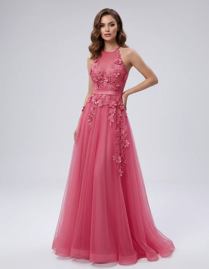 Tulle Sleeveless Halter Neck A-Line Maxi Dress with Floral Lace Appliqué for Party, Cocktail, Evening, Wedding Guest & Summer | SKU: AMD-583920174618352-RED-L,AMD-583920174618352-RED-M,AMD-583920174618352-RED-S,AMD-583920174618352-RED-XL,AMD-583920174618352-RED-XS