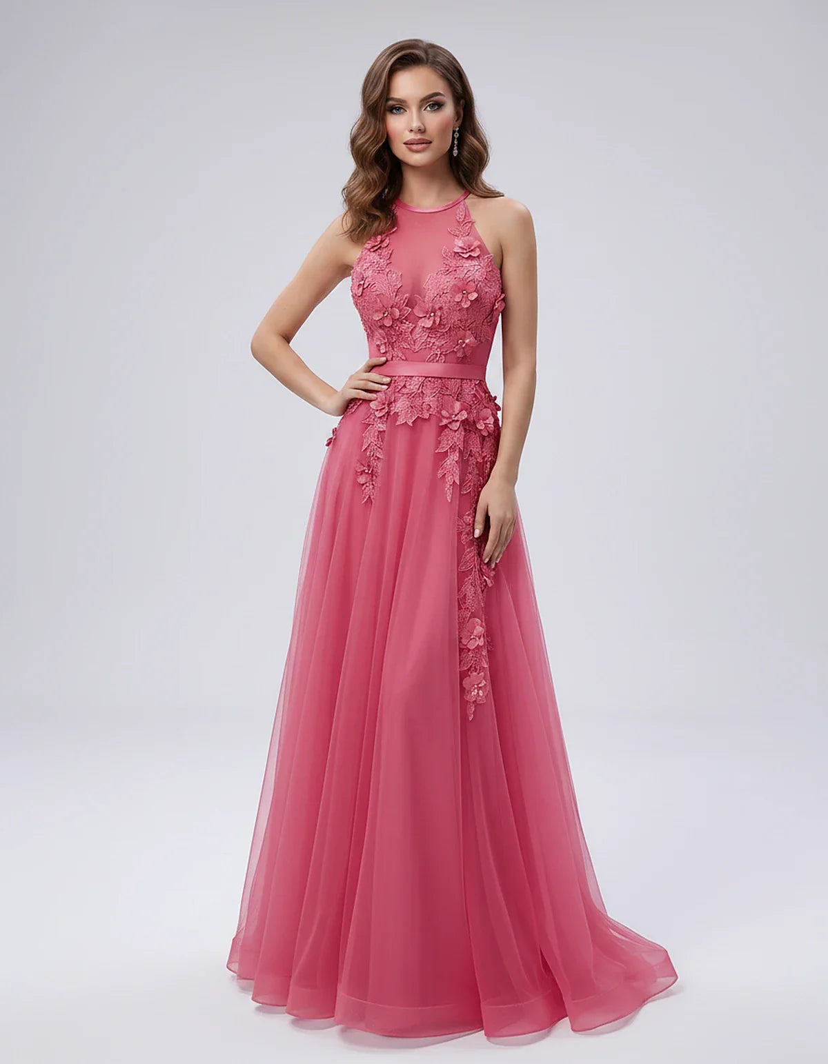 Tulle Sleeveless Halter Neck A-Line Maxi Dress with Floral Lace Appliqué for Party, Cocktail, Evening, Wedding Guest & Summer | SKU: AMD-583920174618352-RED-L,AMD-583920174618352-RED-M,AMD-583920174618352-RED-S,AMD-583920174618352-RED-XL,AMD-583920174618352-RED-XS