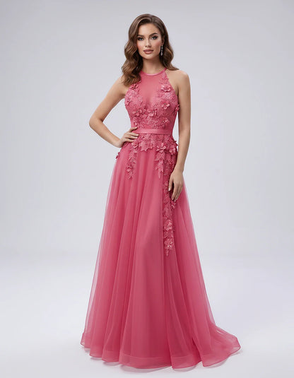 Tulle Sleeveless Halter Neck A-Line Maxi Dress with Floral Lace Appliqué for Party, Cocktail, Evening, Wedding Guest & Summer | SKU: AMD-583920174618352-RED-L,AMD-583920174618352-RED-M,AMD-583920174618352-RED-S,AMD-583920174618352-RED-XL,AMD-583920174618352-RED-XS
