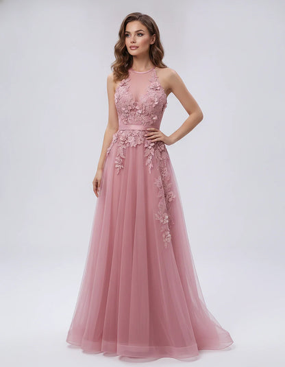 Tulle Sleeveless Halter Neck A-Line Maxi Dress with Floral Lace Appliqué for Party, Cocktail, Evening, Wedding Guest & Summer | SKU: AMD-583920174618352-DUSTYPINK-L,AMD-583920174618352-DUSTYPINK-M,AMD-583920174618352-DUSTYPINK-S,AMD-583920174618352-DUSTYPINK-XL,AMD-583920174618352-DUSTYPINK-XS