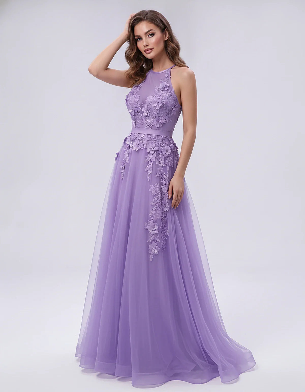 Tulle Sleeveless Halter Neck A-Line Maxi Dress with Floral Lace Appliqué for Party, Cocktail, Evening, Wedding Guest & Summer | SKU: AMD-583920174618352-LAVENDER-L,AMD-583920174618352-LAVENDER-M,AMD-583920174618352-LAVENDER-S,AMD-583920174618352-LAVENDER-XL,AMD-583920174618352-LAVENDER-XS