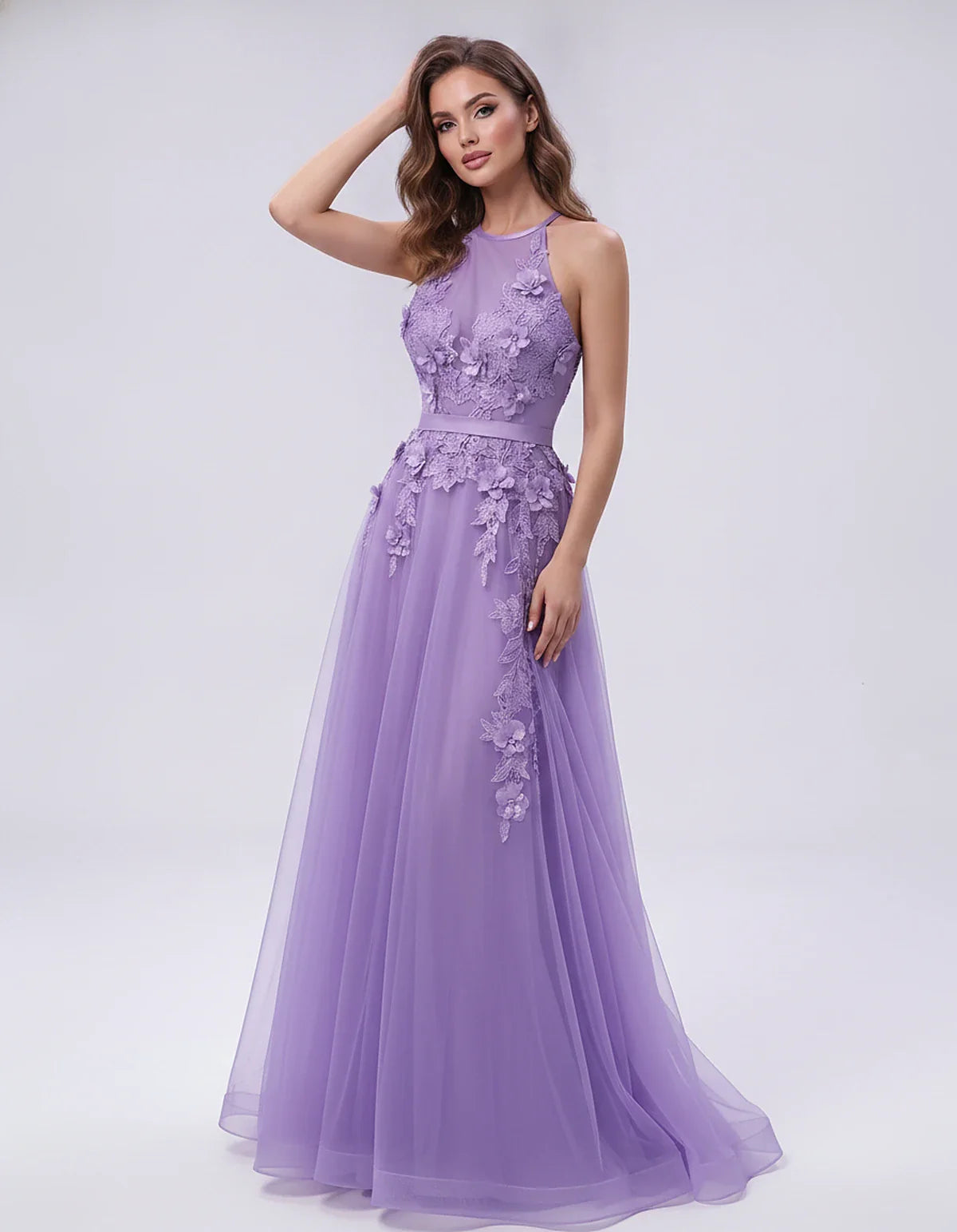 Tulle Sleeveless Halter Neck A-Line Maxi Dress with Floral Lace Appliqué for Party, Cocktail, Evening, Wedding Guest & Summer | SKU: AMD-583920174618352-LAVENDER-L,AMD-583920174618352-LAVENDER-M,AMD-583920174618352-LAVENDER-S,AMD-583920174618352-LAVENDER-XL,AMD-583920174618352-LAVENDER-XS