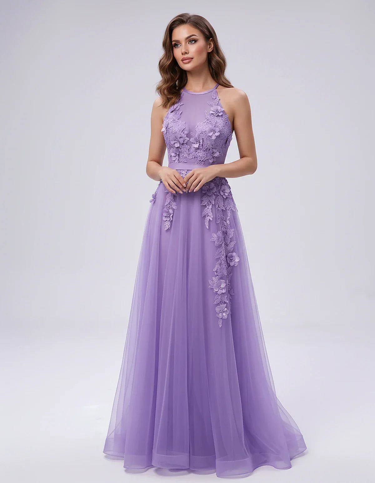 Tulle Sleeveless Halter Neck A-Line Maxi Dress with Floral Lace Appliqué for Party, Cocktail, Evening, Wedding Guest & Summer | SKU: AMD-583920174618352-LAVENDER-L,AMD-583920174618352-LAVENDER-M,AMD-583920174618352-LAVENDER-S,AMD-583920174618352-LAVENDER-XL,AMD-583920174618352-LAVENDER-XS