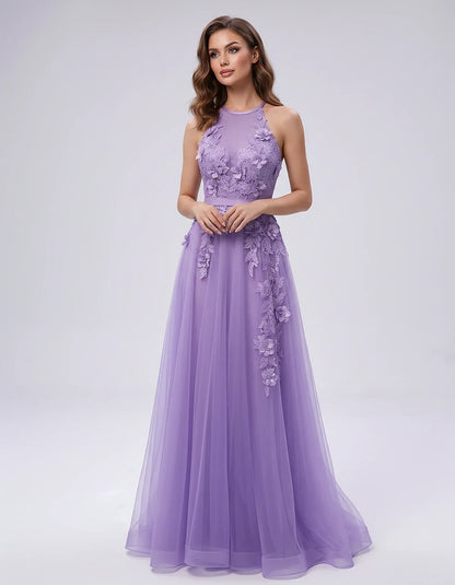 Tulle Sleeveless Halter Neck A-Line Maxi Dress with Floral Lace Appliqué for Party, Cocktail, Evening, Wedding Guest & Summer | SKU: AMD-583920174618352-LAVENDER-L,AMD-583920174618352-LAVENDER-M,AMD-583920174618352-LAVENDER-S,AMD-583920174618352-LAVENDER-XL,AMD-583920174618352-LAVENDER-XS
