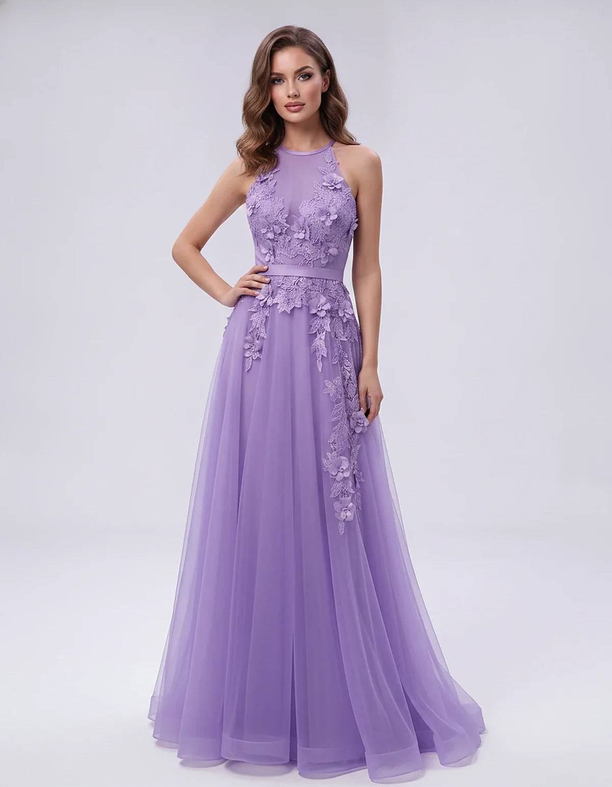 Tulle Sleeveless Halter Neck A-Line Maxi Dress with Floral Lace Appliqué for Party, Cocktail, Evening, Wedding Guest & Summer | SKU: AMD-583920174618352-LAVENDER-L,AMD-583920174618352-LAVENDER-M,AMD-583920174618352-LAVENDER-S,AMD-583920174618352-LAVENDER-XL,AMD-583920174618352-LAVENDER-XS
