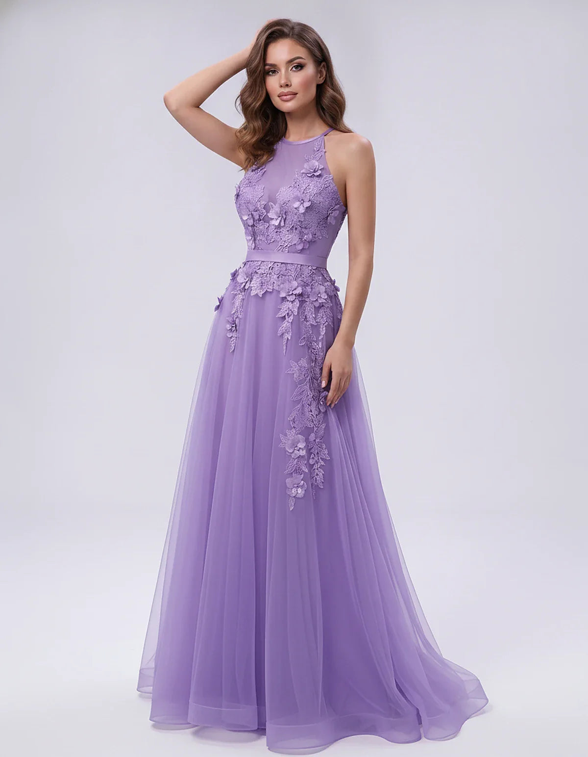 Tulle Sleeveless Halter Neck A-Line Maxi Dress with Floral Lace Appliqué for Party, Cocktail, Evening, Wedding Guest & Summer | SKU: AMD-583920174618352-LAVENDER-L,AMD-583920174618352-LAVENDER-M,AMD-583920174618352-LAVENDER-S,AMD-583920174618352-LAVENDER-XL,AMD-583920174618352-LAVENDER-XS