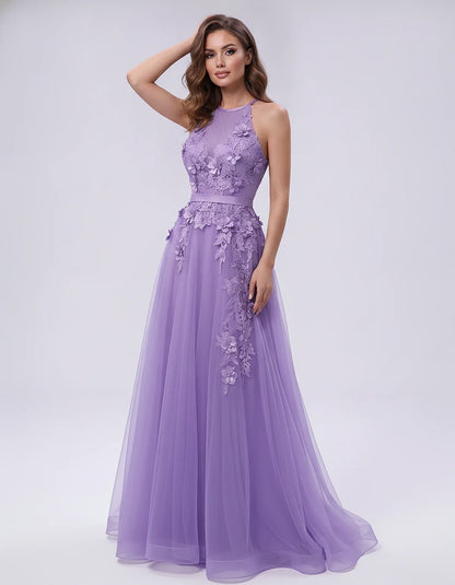 Tulle Sleeveless Halter Neck A-Line Maxi Dress with Floral Lace Appliqué for Party, Cocktail, Evening, Wedding Guest & Summer | SKU: AMD-583920174618352-LAVENDER-L,AMD-583920174618352-LAVENDER-M,AMD-583920174618352-LAVENDER-S,AMD-583920174618352-LAVENDER-XL,AMD-583920174618352-LAVENDER-XS
