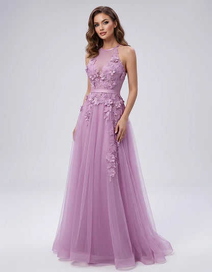 Tulle Sleeveless Halter Neck A-Line Maxi Dress with Floral Lace Appliqué for Party, Cocktail, Evening, Wedding Guest & Summer | SKU: AMD-583920174618352-LAVENDER-L,AMD-583920174618352-LAVENDER-M,AMD-583920174618352-LAVENDER-S,AMD-583920174618352-LAVENDER-XL,AMD-583920174618352-LAVENDER-XS